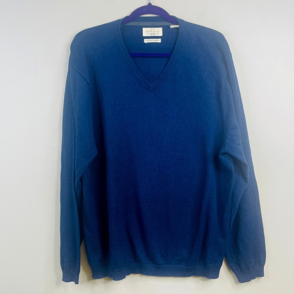 Weatherproof Vintage Cotton Cashmere Sweater Mens XLarge Blue Pullover V Neck